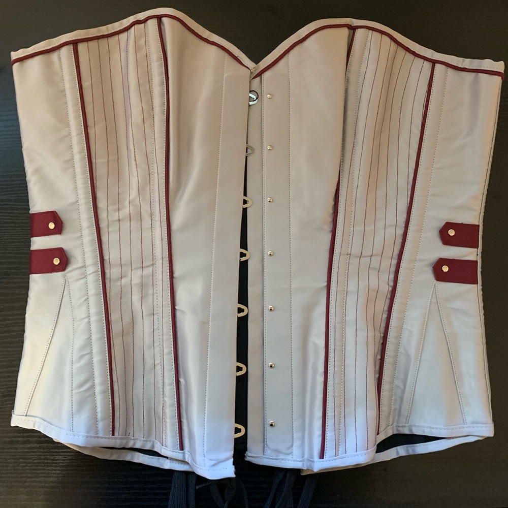 34” Corset Story Silver Longline Burlesque Overbust w/ Burgundy details